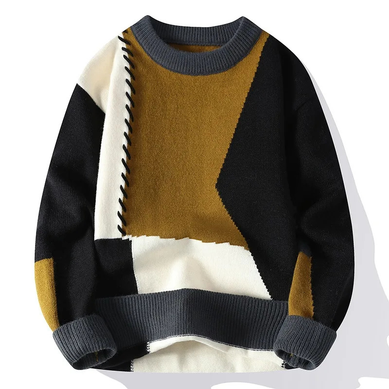 Autumn Winter Warm Mens Knitted Sweaters Fashion Patchwork O Neck Knit Pullovers Korean Streetwear Pullover Casual Mens Clothing 240710