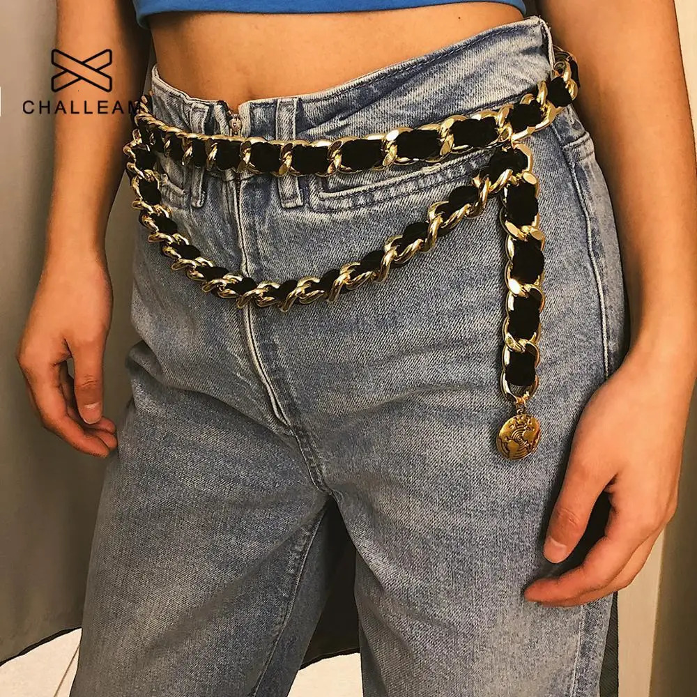 Womens edge alloy metal chain belt womens tassel flannel gold belt womens Exaggerated retro flocked waist chain 139 240710