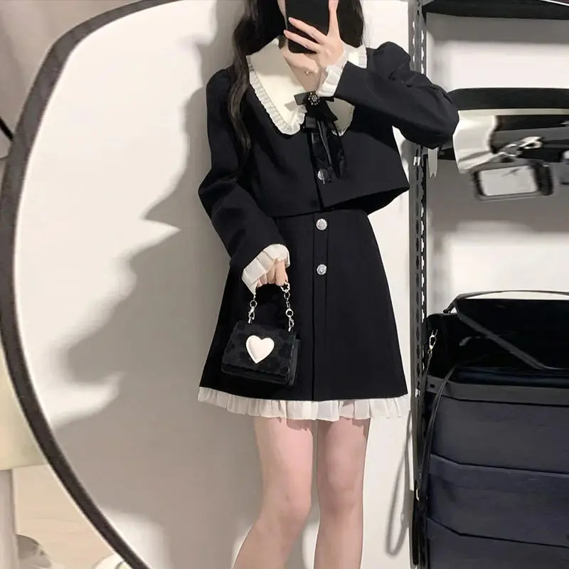 Spring French Audrey Hepburn Style Sweet Petite Dress TwoPiece Set College Blazer Women Female Office Lady 240704