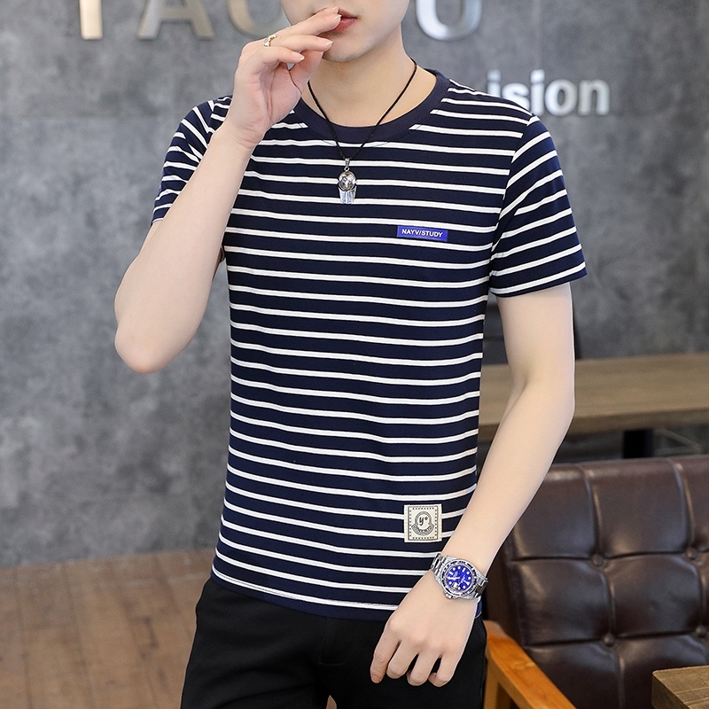 Yuncang Flash Hair 2022 Summer New Round Neck Pure Cotton Striped Short sleeved T-shirt Korean Edition Slim Fit Fashion Casual Men's Wear