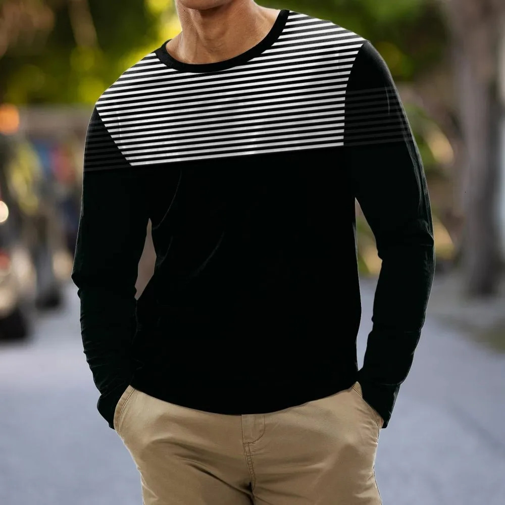 Cotton Stripe T Shirt For Mens Long Sleeve Tops ONeck Pullover Oversized Autumn Clothing Sports Casual Male Tees 240712