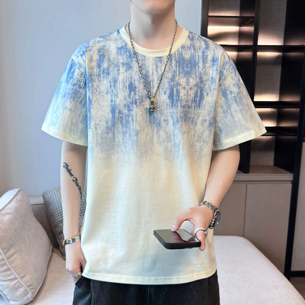 2024 New Summer Men's Trendy Loose Clothing Fashion Brand Student Short Top Round Neck Flower Half sleeved T-shirt