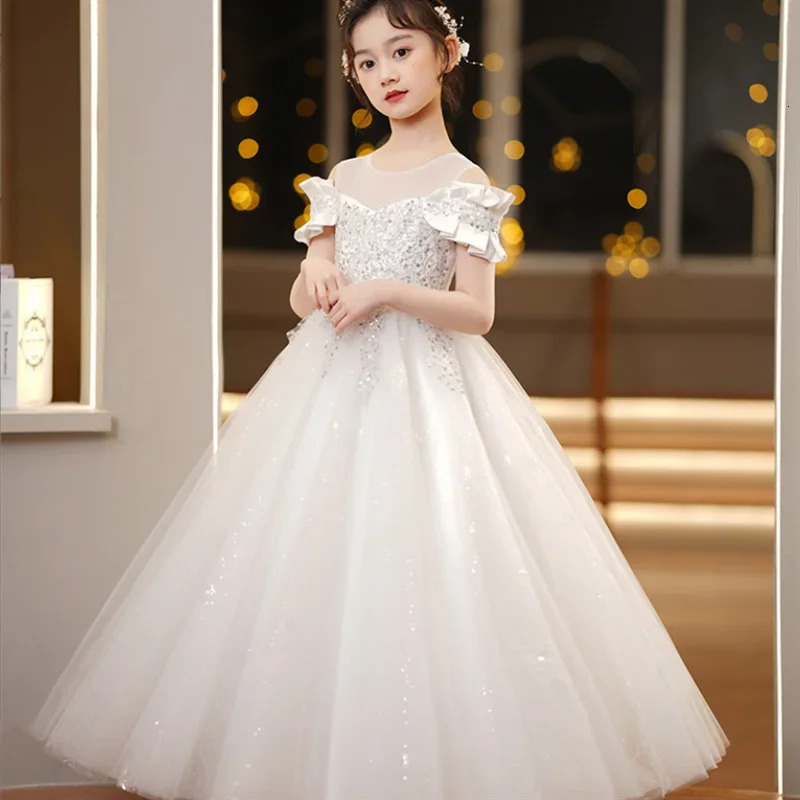 White Wedding Long Dresses for Girls Baby Lace Princess Dress Birthday Dress Baby Girls Christmas Clothes 3-12yrs 240704