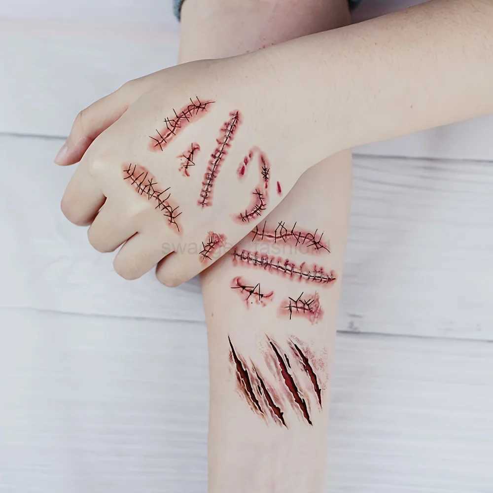 10 Sheets Halloween Terror Wound Temporary Tattoo Waterproof Realistic Blood Tattoos Injury Scar Tattoo Stickers For Face HandsB240713