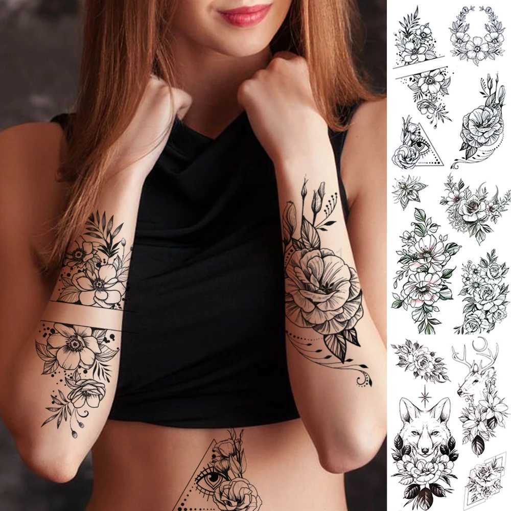 3D Flower Triangle Temporary Tattoos For Women Girl Fake Wolf Deer Geometry Tattoo Sticker Peony Dahlia Body Art Adults TatoosB240713