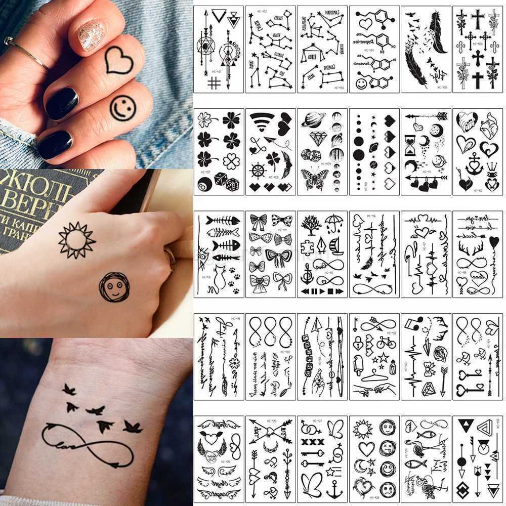 30pcs Waterproof Temporary Tattoo Sticker Black Small Pattern Feather Heart Bird Expression Body Art Arm Fake Tattoos Women MenB240713