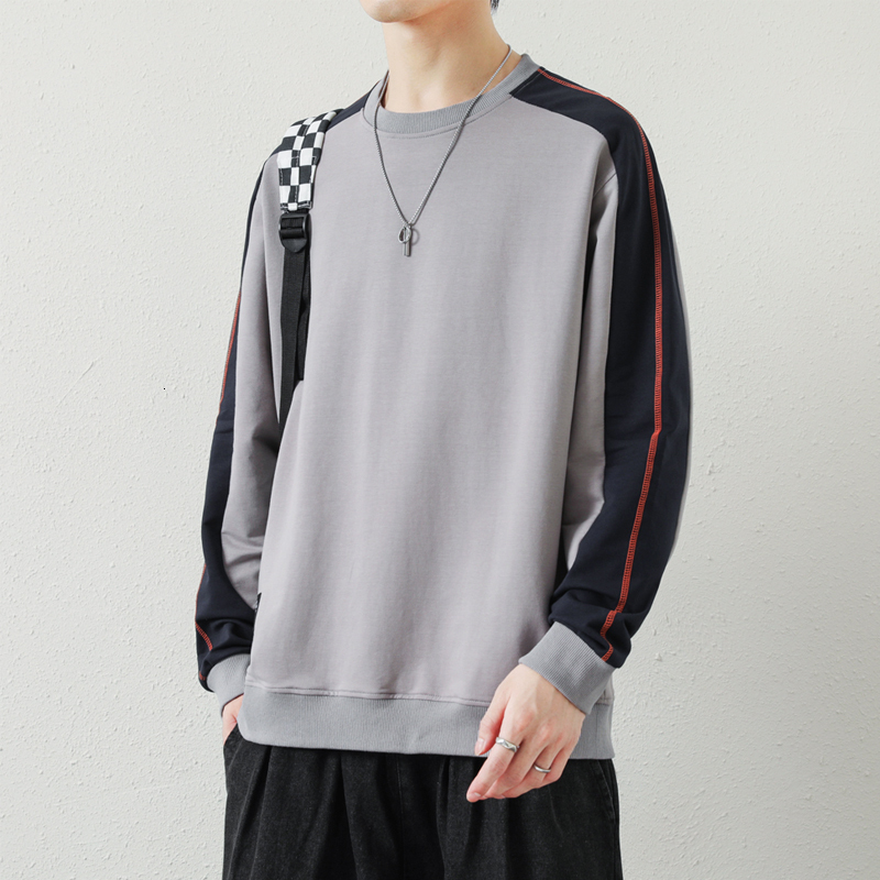 Autumn new spliced men's high-quality cotton hoodie, color blocked round neck long sleeved T-shirt jacket, two-fold high conversion