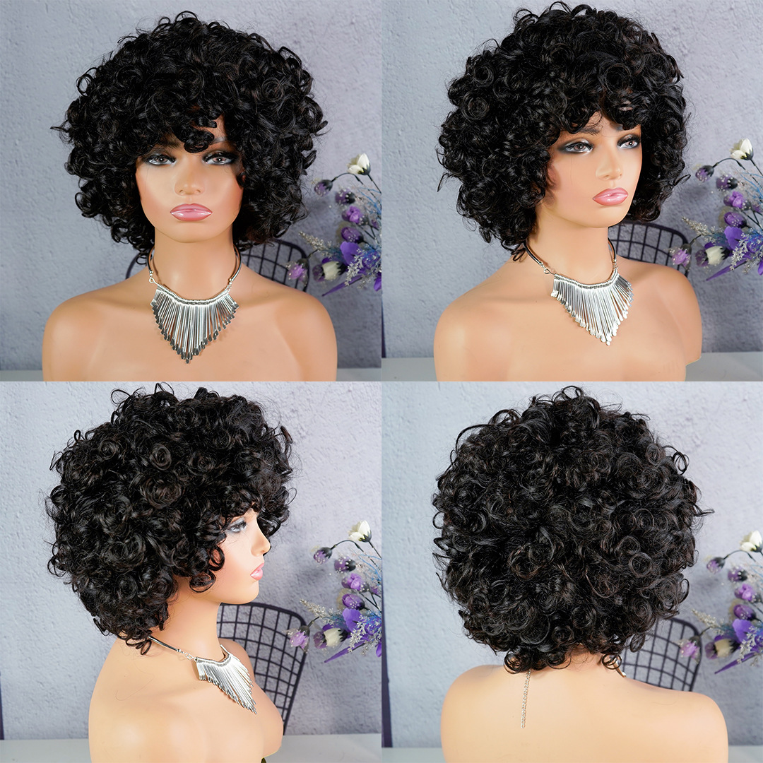 Jerry Curly Short Pixie Bob Cut Human Hair Wigs With Bangs Non lace front Wig Black Wigs For Women Double Drawn Bob Wigs