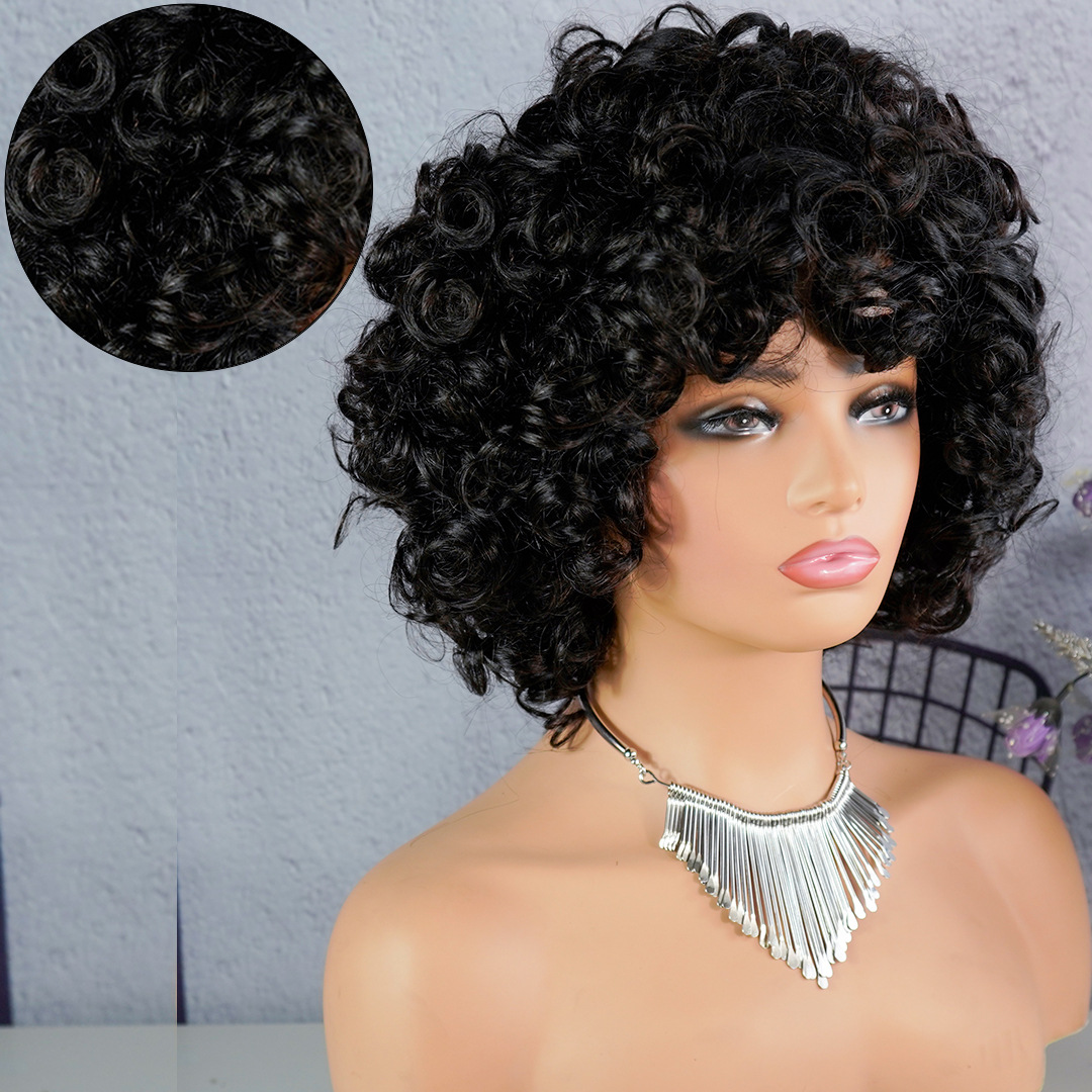 Jerry Curly Short Pixie Bob Cut Human Hair Wigs With Bangs Non lace front Wig Black Wigs For Women Double Drawn Bob Wigs