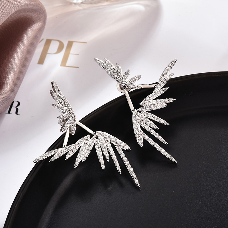 Hip Hop Pave CZ Wings Stud Earrings Sterg Sier Sparkle Jewelry for Women Party Wedding