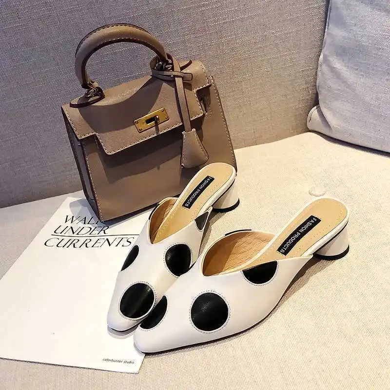 Womens elegant mule womens summer casual dot toe slider womens low high heels polka dot sandals office shoes Zapatos de mujer 240713