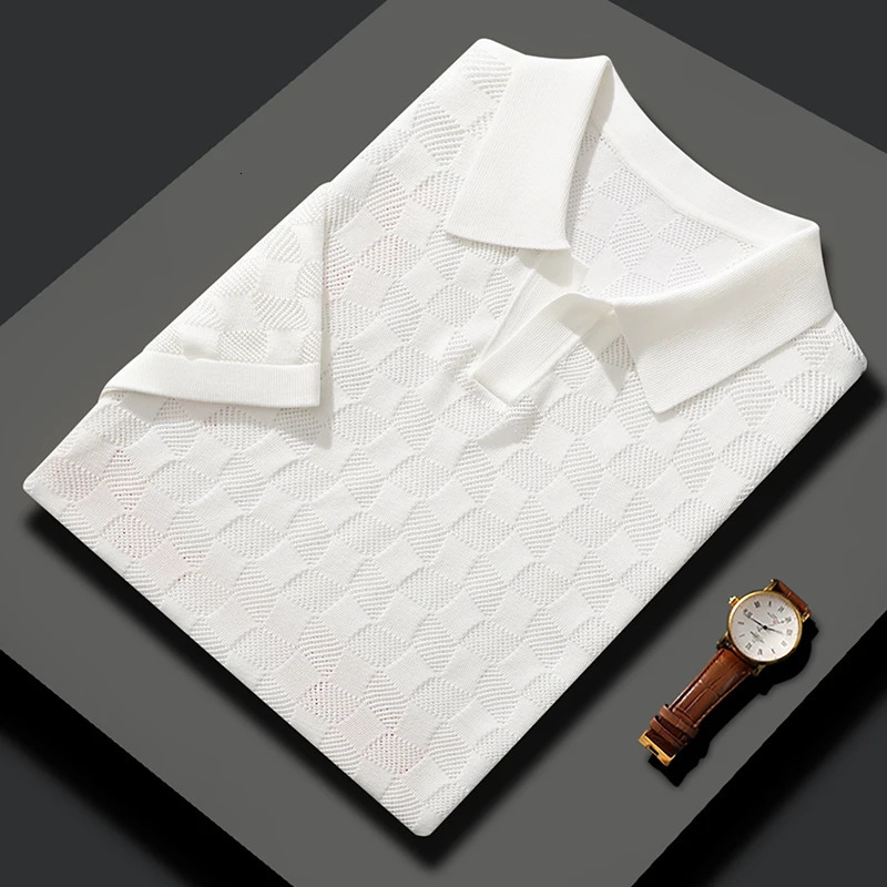 MVLYFLRT Mens T-Shirt Top Mulberry Silk Breathable Knit POLO Shirt Business Casual Lapel Hollow Short Sleeved Summer Shirt Thin 240708
