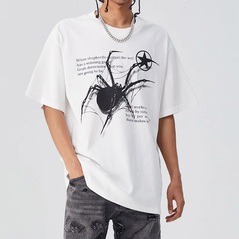 Men T-Shirt Streetwear Hip Hop Oversized Y2k Washed Black Spider Graphic Harajuku Gothic Vintage Cotton Tops Tees Loose Clothes 240703
