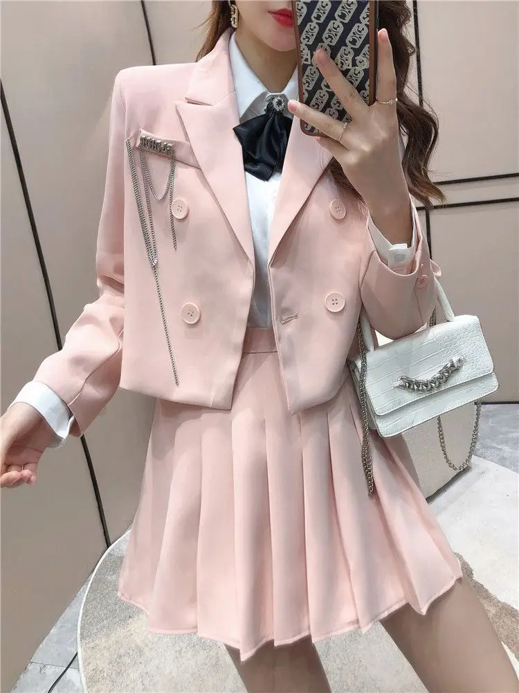 Spring and Autumn Style Womens Suit Jacket Doublebreasted Blazer Top High Waist A Line Pleated Skirt Twopiece Set 240704