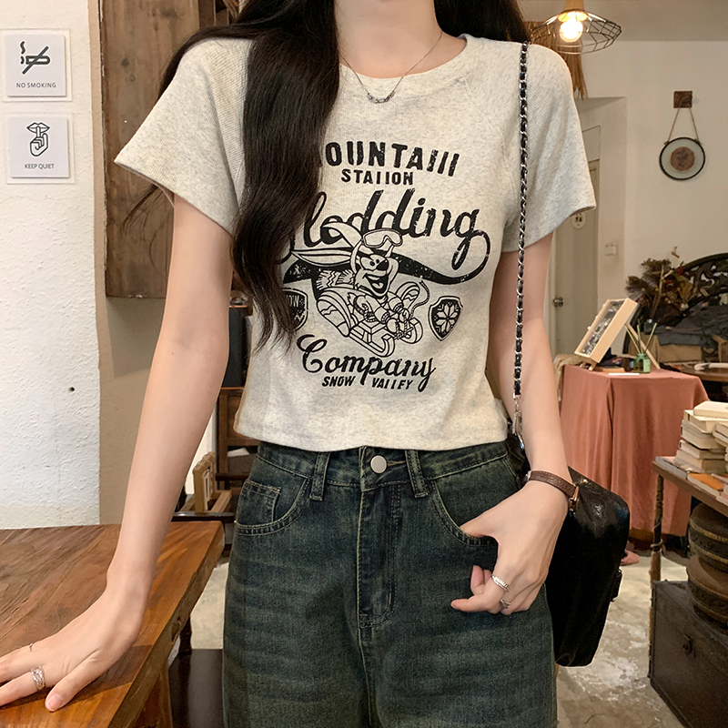 New product lightig delivery summer Korea versio sweet ad spicy roud eck cartoo prit shoulder ciched waist slim fit short sleeved T-shirt top for