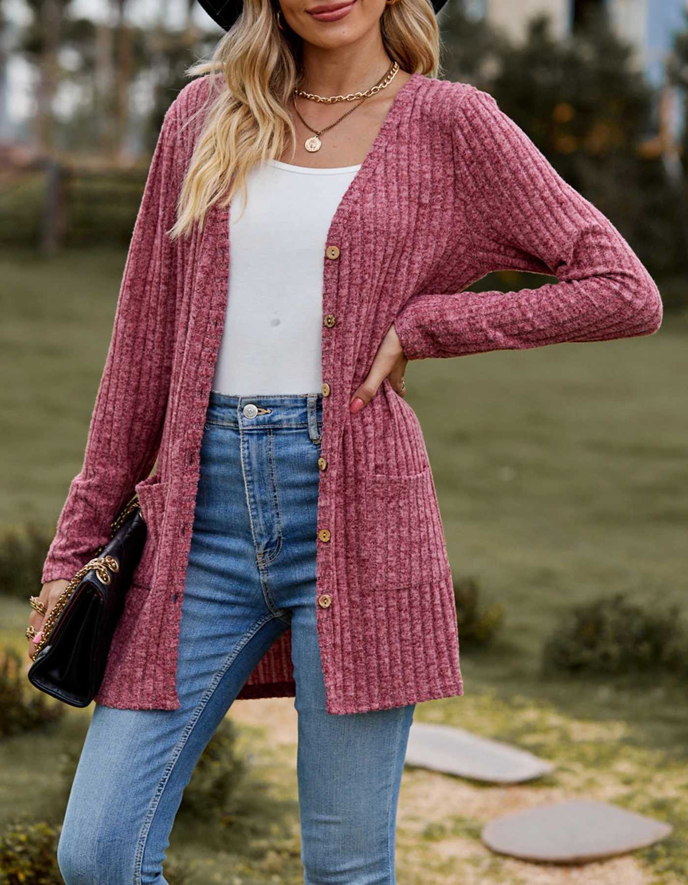 Women's Sweaters Autumn new womens matte pit stripe solid color long sleeved womens open front jacket J2407089N67