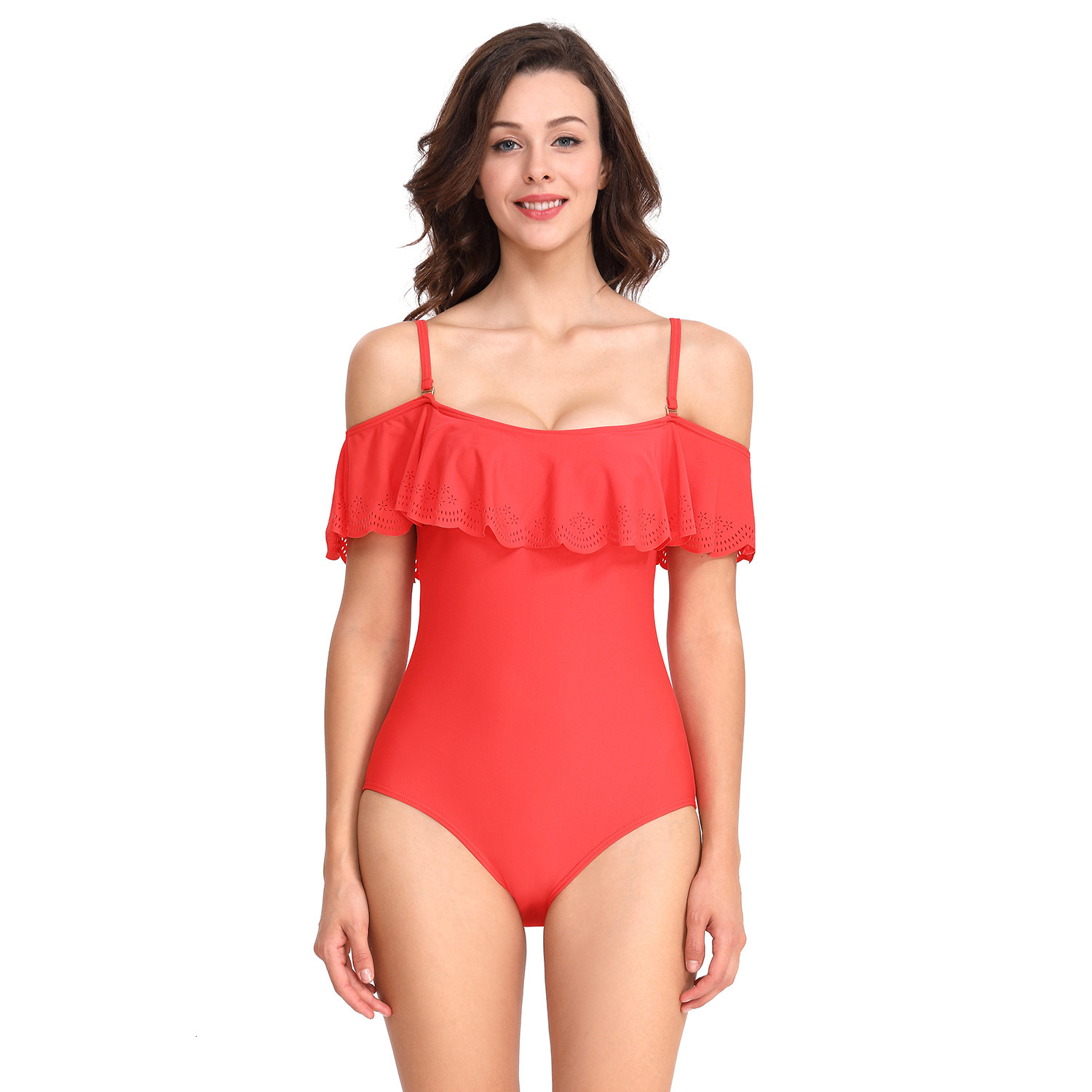 Beach Casual New Product French Sleeveless Solid New Pattern Strap Hollowed Out Triangular Ruffle Edge One-piece Swimsuit Waist Temperament Short Wais