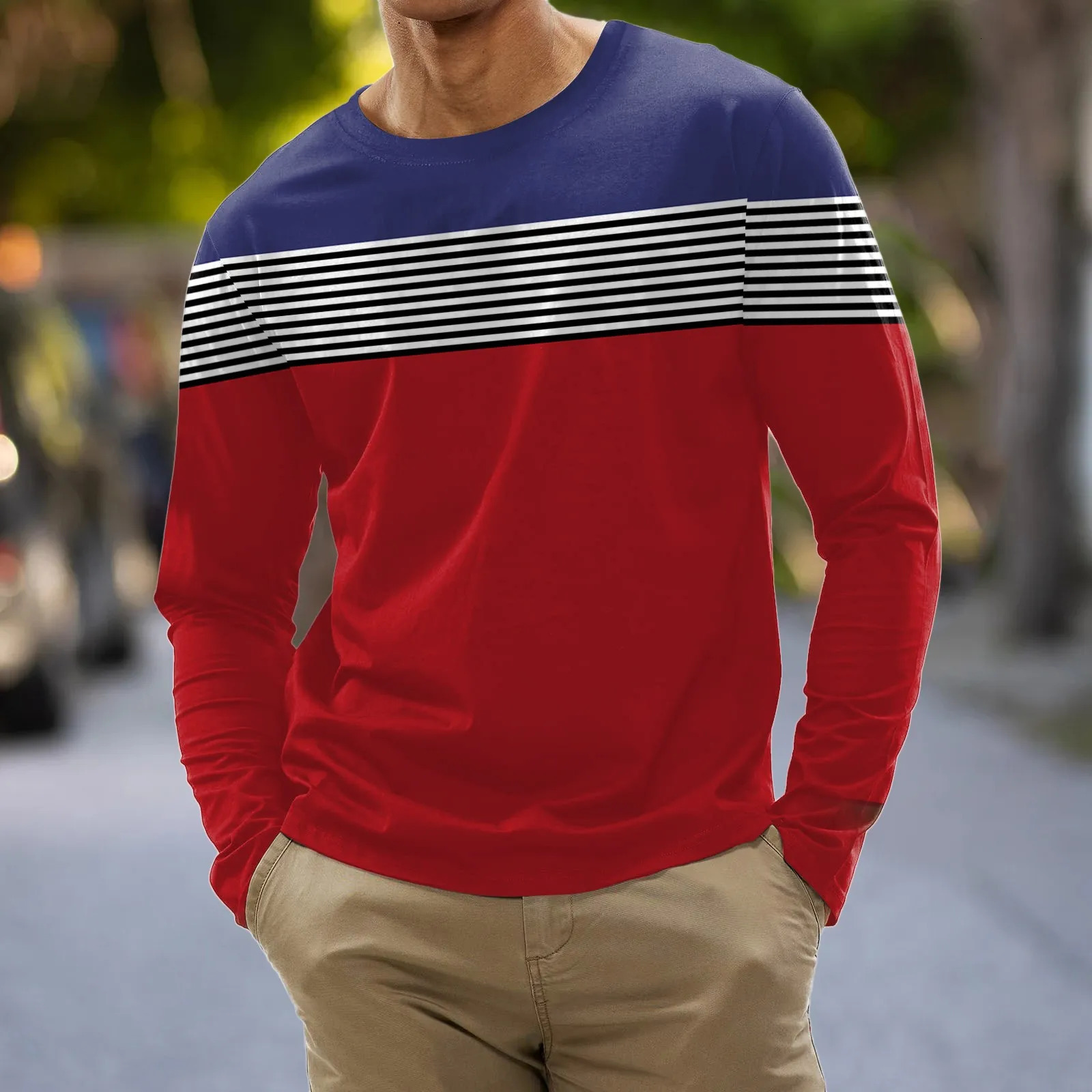 Cotton Stripe T Shirt For Mens Long Sleeve Tops ONeck Pullover Oversized Autumn Clothing Sports Casual Male Tees 240712