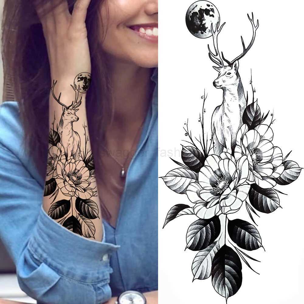 Geometry Owl Temporary Tattoo For Women Fake Wolf Tiger Deer Triangle Tatoo Sticker Black Moon Flower Body Art Tattoos PaperB240713