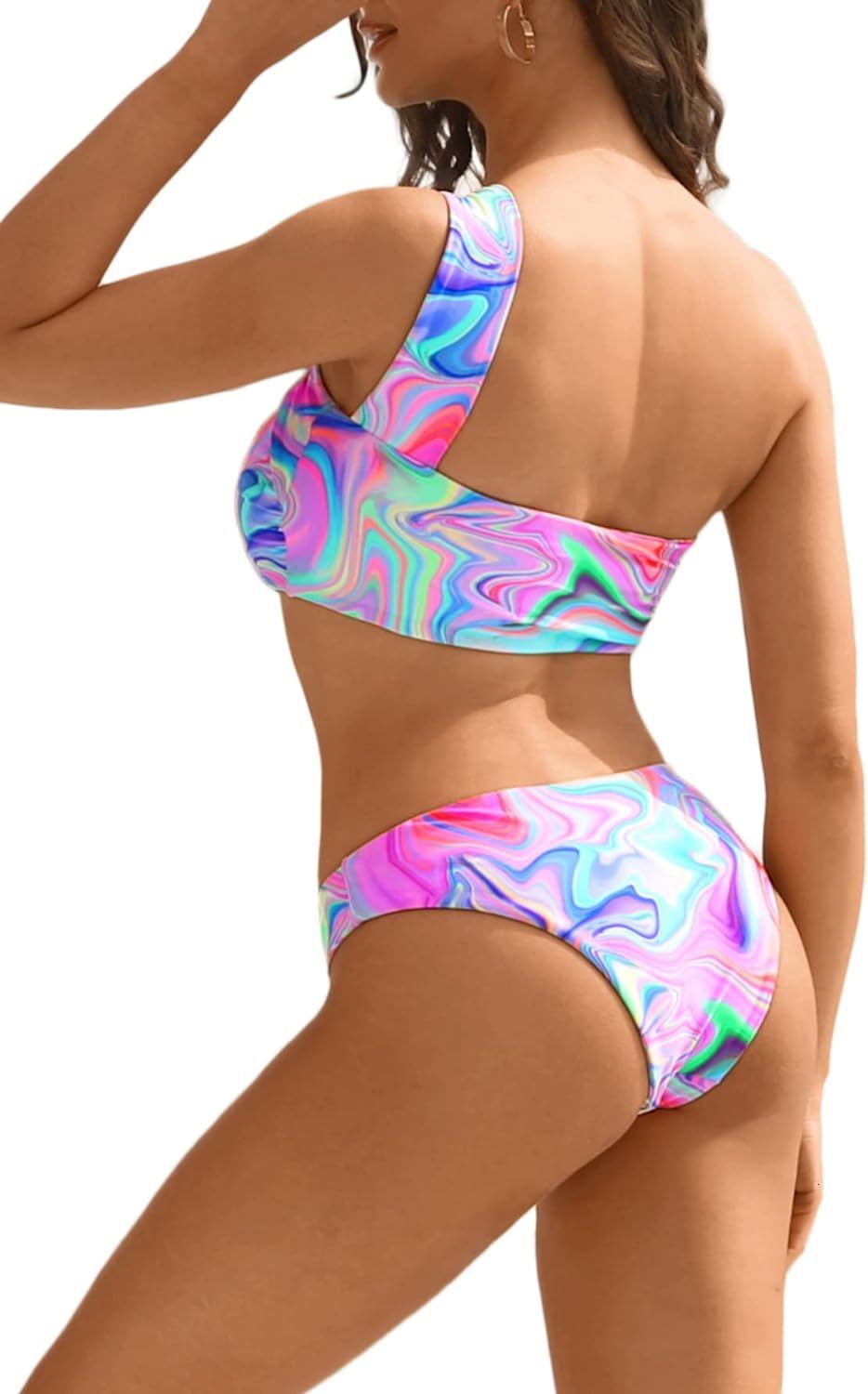 Temperament 2023 Colorful Diagonal Shoulder Straps Women's Hot Spring Swimwear Sexy Backless Low Rise Bikini Self-cultivation Sexy Loose Bifurcat