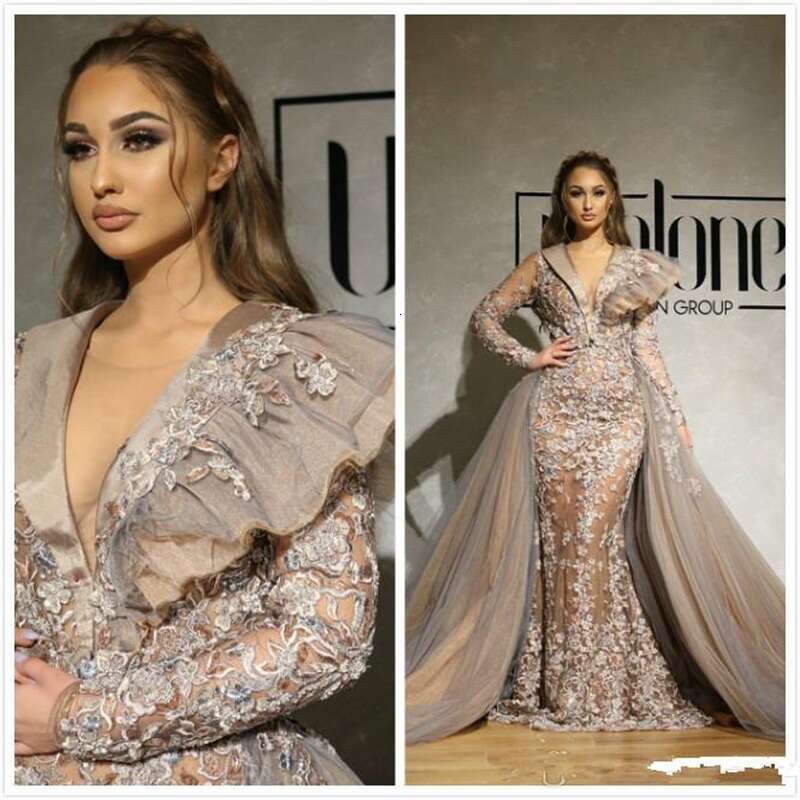 Dubai Urious Lace Evening Dresses Deep V Neck Mermaid Beaded Long Sleeves Prom Dress Sexy Formal Party Pageant Gowns 0920
