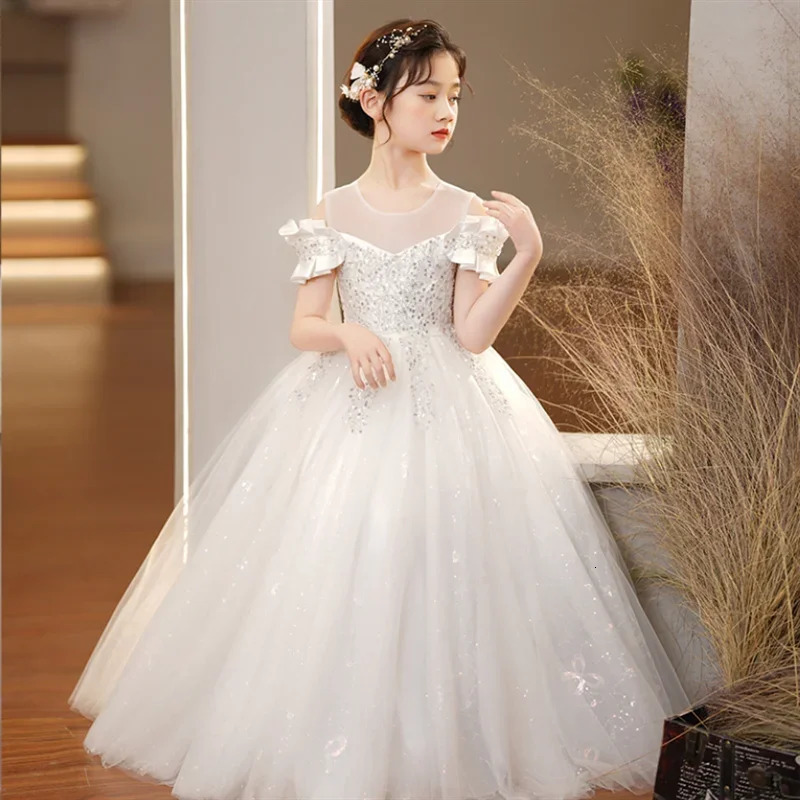 White Wedding Long Dresses for Girls Baby Lace Princess Dress Birthday Dress Baby Girls Christmas Clothes 3-12yrs 240704