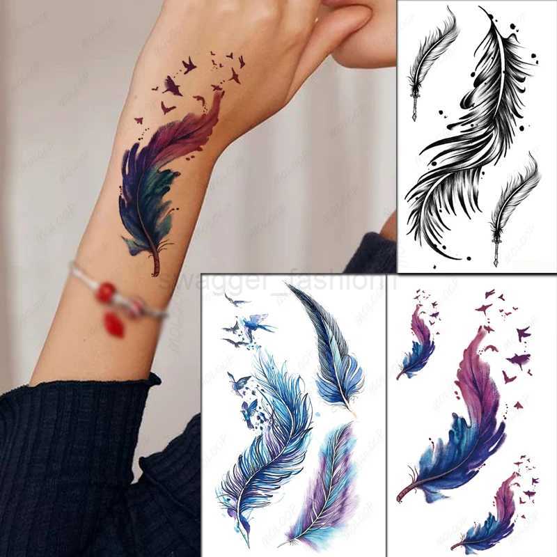 Tattoo Stickers Temporary Color Feather Bird Pattern Waterproof Hand Arm Neck Fake Tatto for Women Men Kids Body ArtB240713