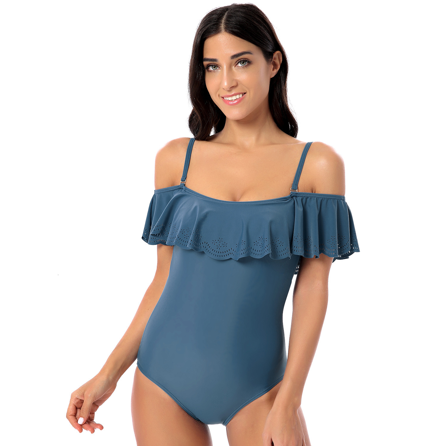 Beach Casual New Product French Sleeveless Solid New Pattern Strap Hollowed Out Triangular Ruffle Edge One-piece Swimsuit Waist Temperament Short Wais