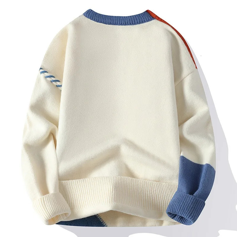 Autumn Winter Warm Mens Knitted Sweaters Fashion Patchwork O Neck Knit Pullovers Korean Streetwear Pullover Casual Mens Clothing 240710