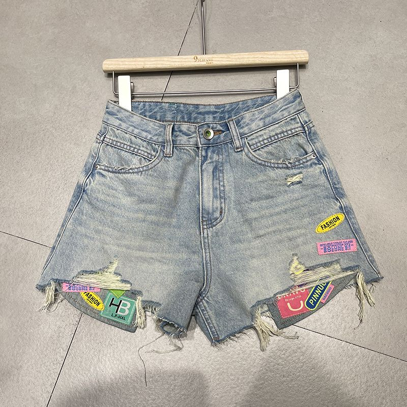 2023 summer new denim high waisted shorts for women worn out Korean version heavy industry splicing wide leg pants hot pants