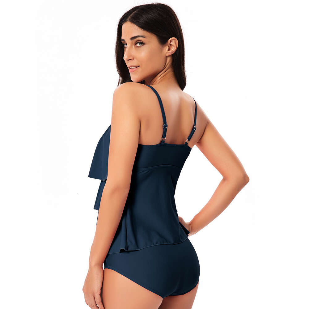 Leisure Time Women's with Ruffled Edges, Split Body Swimsuit, Slimming and Belly Covering, Conservative Solid Color Suspender Swimsuit Short Wais