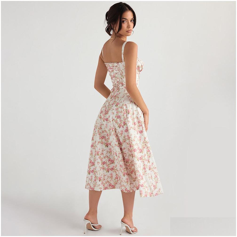 Basic Casual Dresses House Of Cb Dress Corset Split Skirt Bow Tie Chest Frill Details Print Floral Midi Back Lace Up Robe Clothing Wom Dhvn3