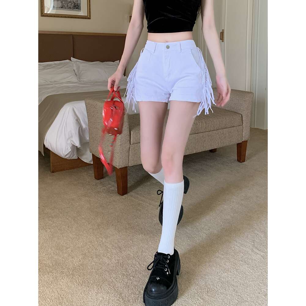 Designer women's new tassel and diamond hot pants casual denim shorts white women's high waisted pants fashionable daily wear