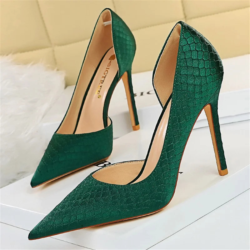 Women 7.5cm 10.5cm High Heels Elegant Pumps Lady Plus Size Silk Satin Green Silver Wedding Stiletto Low Heels Fetish Party Shoes 240708