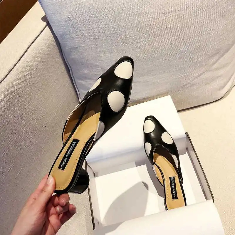 Womens elegant mule womens summer casual dot toe slider womens low high heels polka dot sandals office shoes Zapatos de mujer 240713
