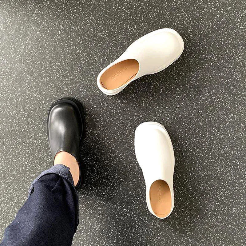 Womens Sliding Summer Fashion Leather Shoes Loafers High Platform Sliding Womens Black High Heeled Mule Shoes Vc3474 240713