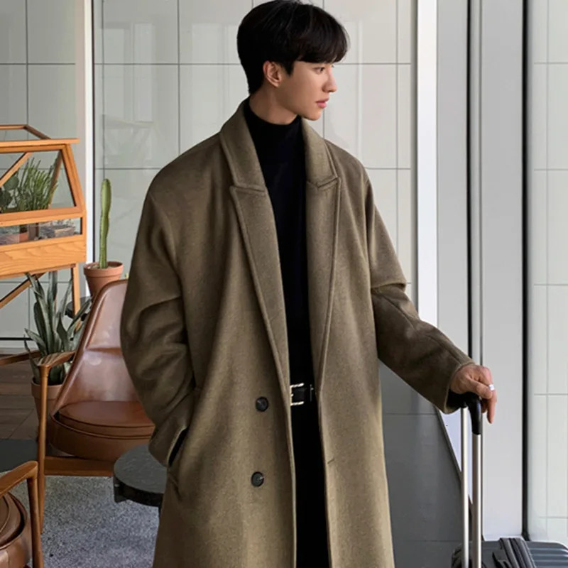 Korean Trend Mens Loose Casual Single-Breasted Overcoat Spring Autumn Fashion Long Sleeve Woolen Long Coat Jacket Top 240712