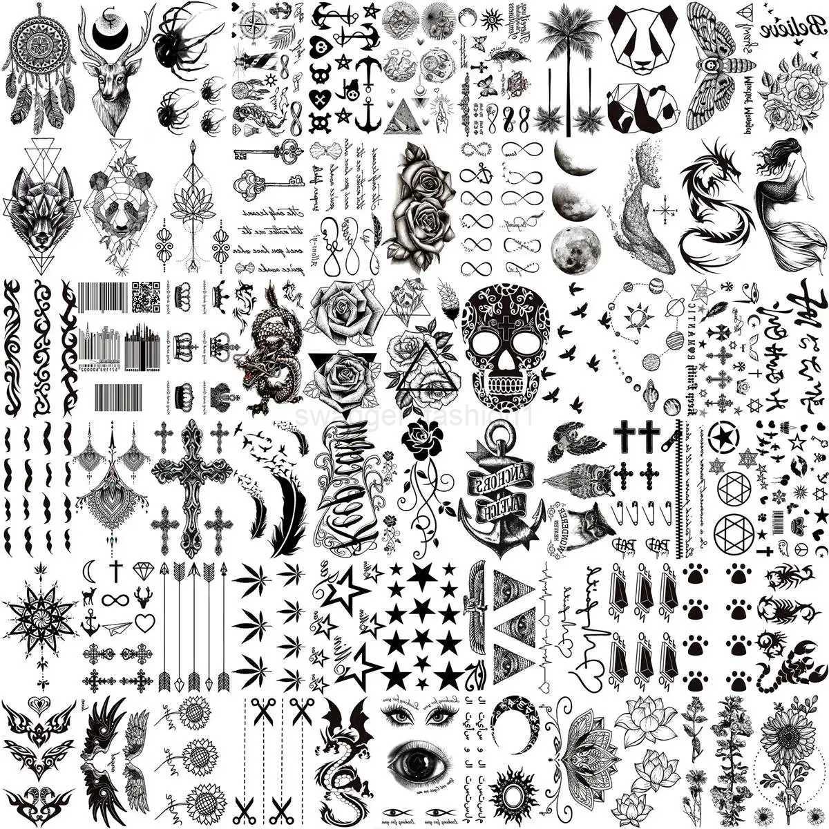 66 Sheets Small Black Temporary Tattoos For Women Men Face Neck Fake Tattoo Sticker Realistic Skull Flower Star Tatoos Kits FunB240713
