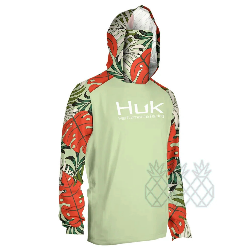 HUK Mens Long Sleeve Fishing Shirt Mask Hooded Fishing Jerseys Upf 50 Uv Protection Breathable Beach Fishing Sweatshirt 240709