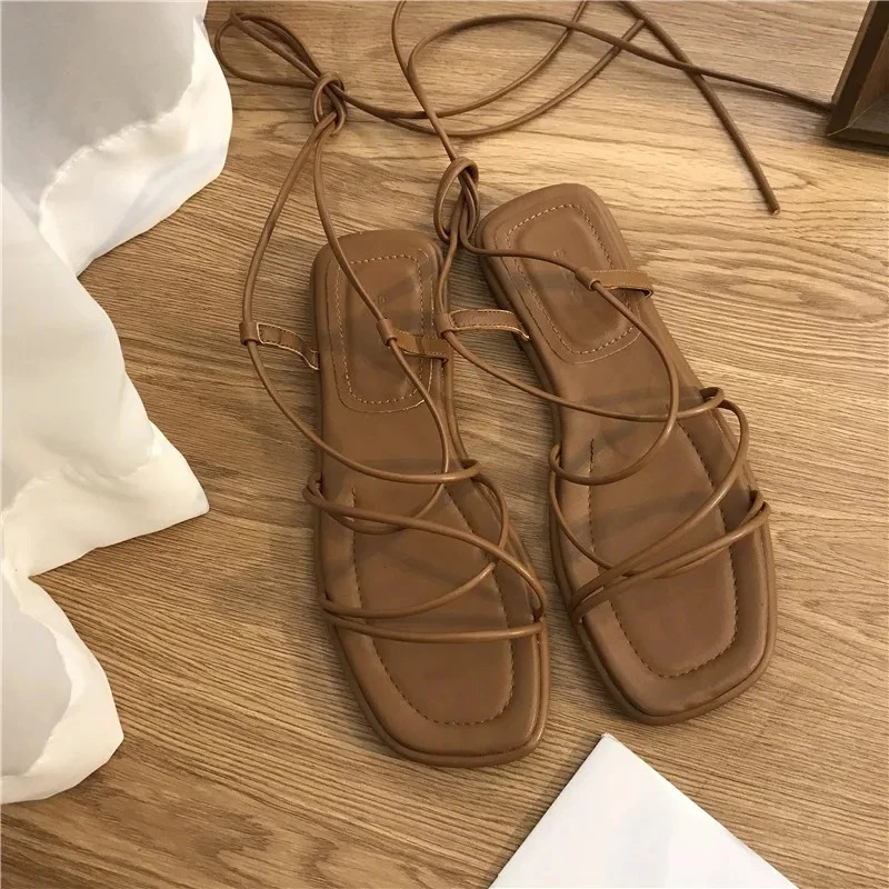 Sandals Womens Summer 2024 Beach Fashion Sexy Flat Casual Cross Tie Open Toe Fairy Style Narrow Band Shoes Black Roman Sandals 240712