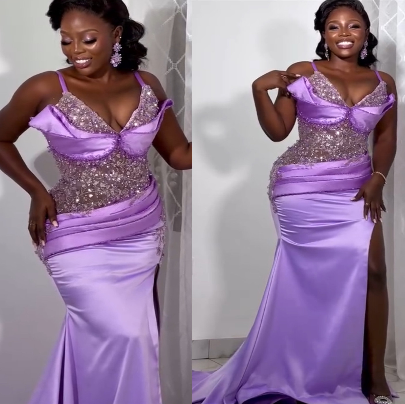 2024 Plus Size Lilac Mermaid Prom Dress Satin Promdress Lace Beaded Evening Formal Party Second Reception Birthday Engagement Gowns Dresses Robe De So