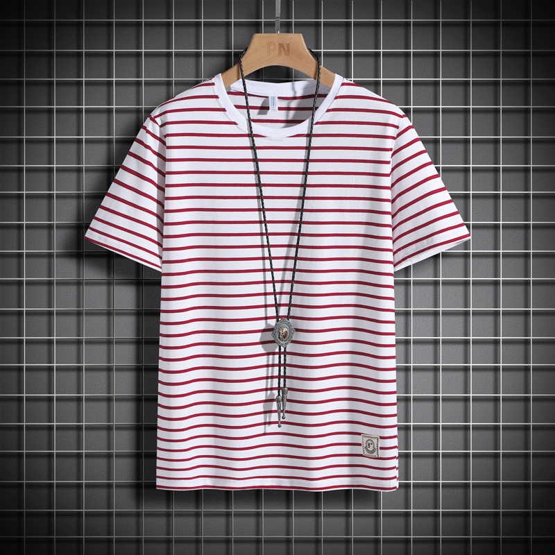 2024 Summer Loose Large Size Thin Striped Round Neck T-shirt High end Men's Sports Shirt Short Sleeve Pure Cotton