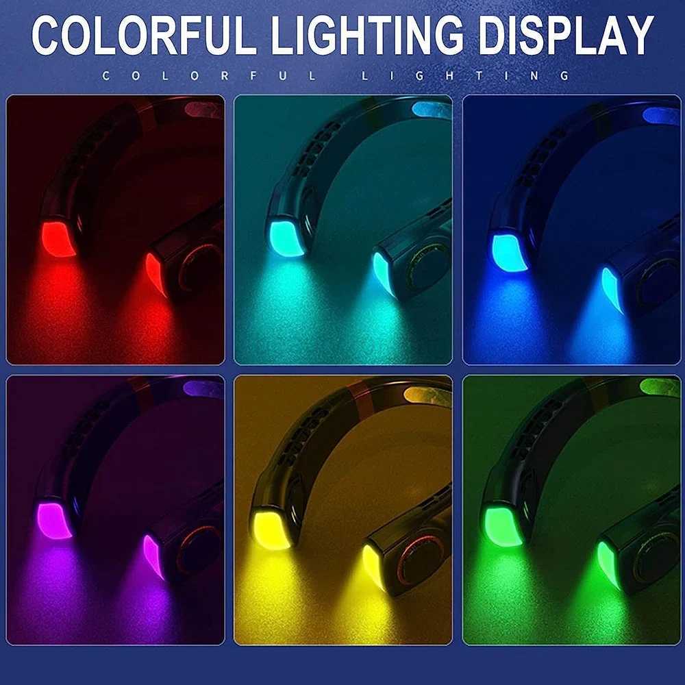 2024 New Portable Neck Fan USB Handheld Mute LED Digital Display Leafless Mini Electric Fan Colorful Atmosphere Lights 5th GearCL240712