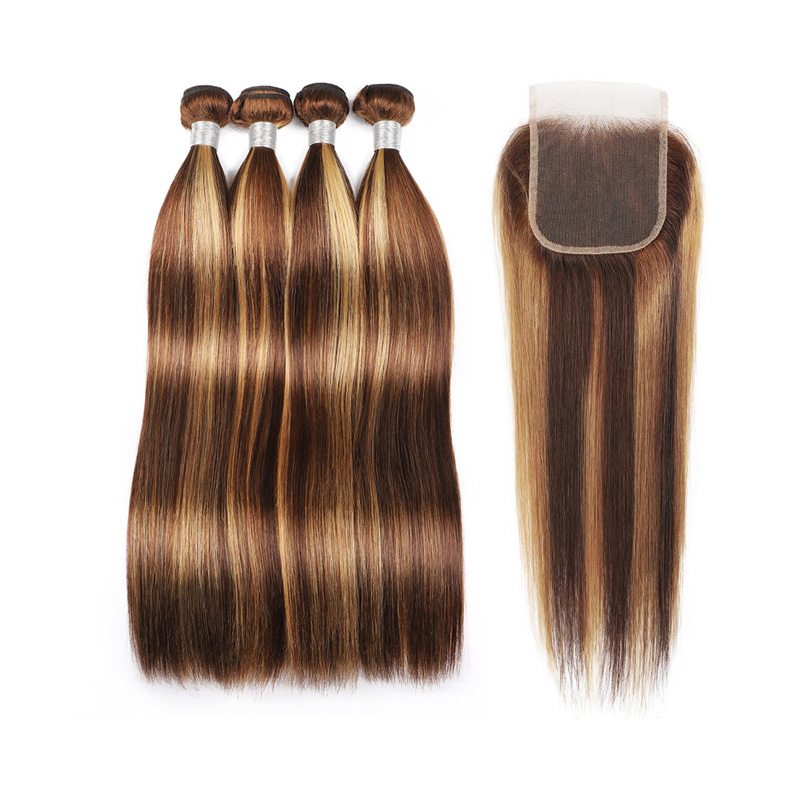 Brazilian Human Hair Peruvian Malaysian Virgin Hair Wefts With 4X4 Lace Closure P4/27 Piano Color 3 PCS Straight 10-30inch