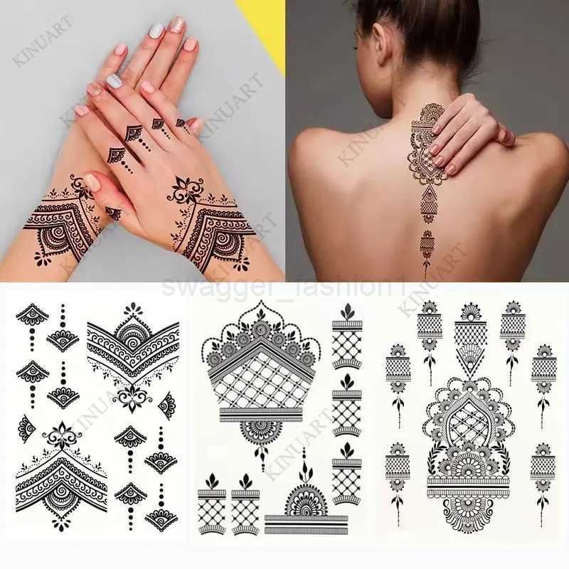 Black Henna Temporary Tattoos Lace Flower Mehndi Tattoo Sticker for Women Wedding Waterproof Fake Tattoo Festival Body Art HenaB240713
