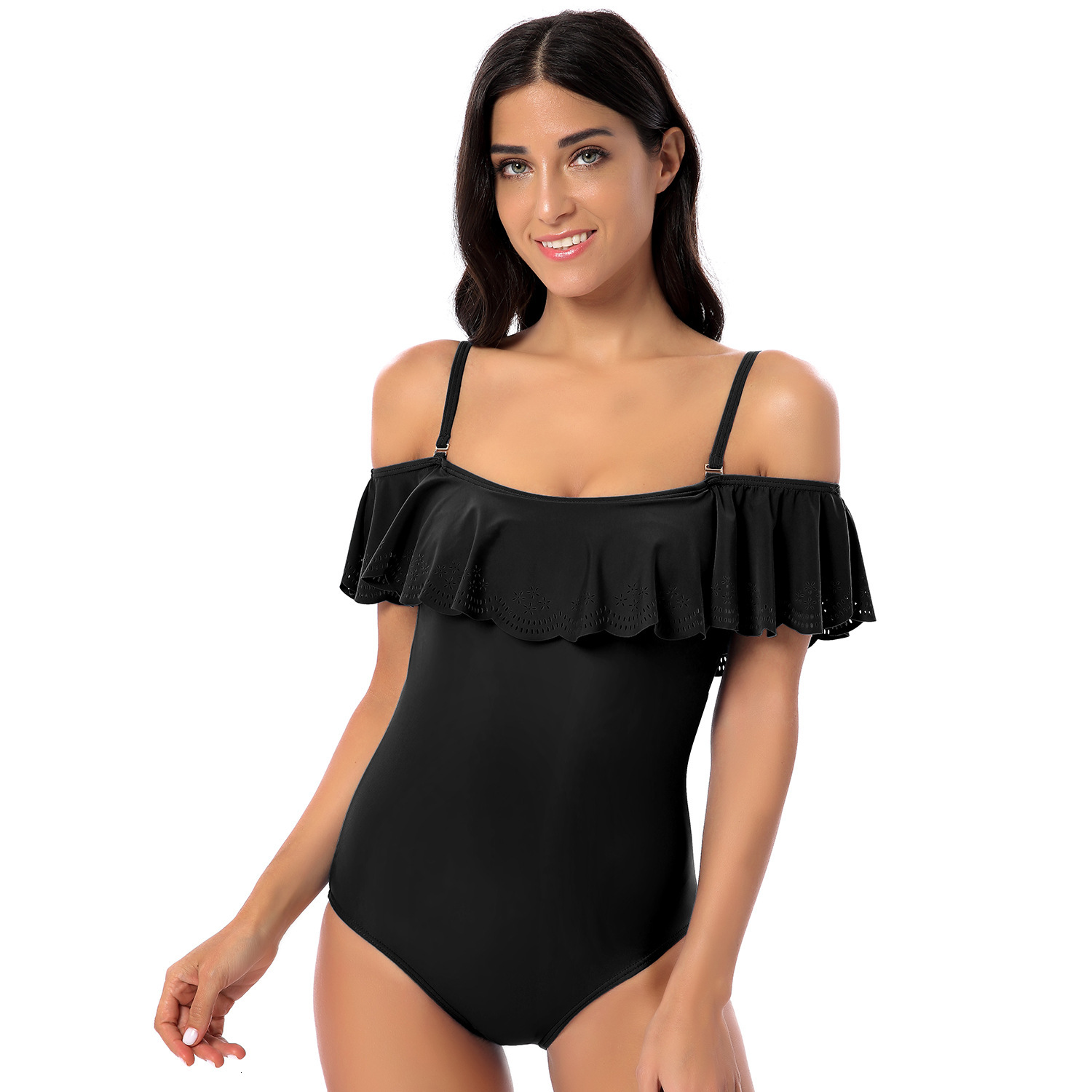 Beach Casual New Product French Sleeveless Solid New Pattern Strap Hollowed Out Triangular Ruffle Edge One-piece Swimsuit Waist Temperament Short Wais