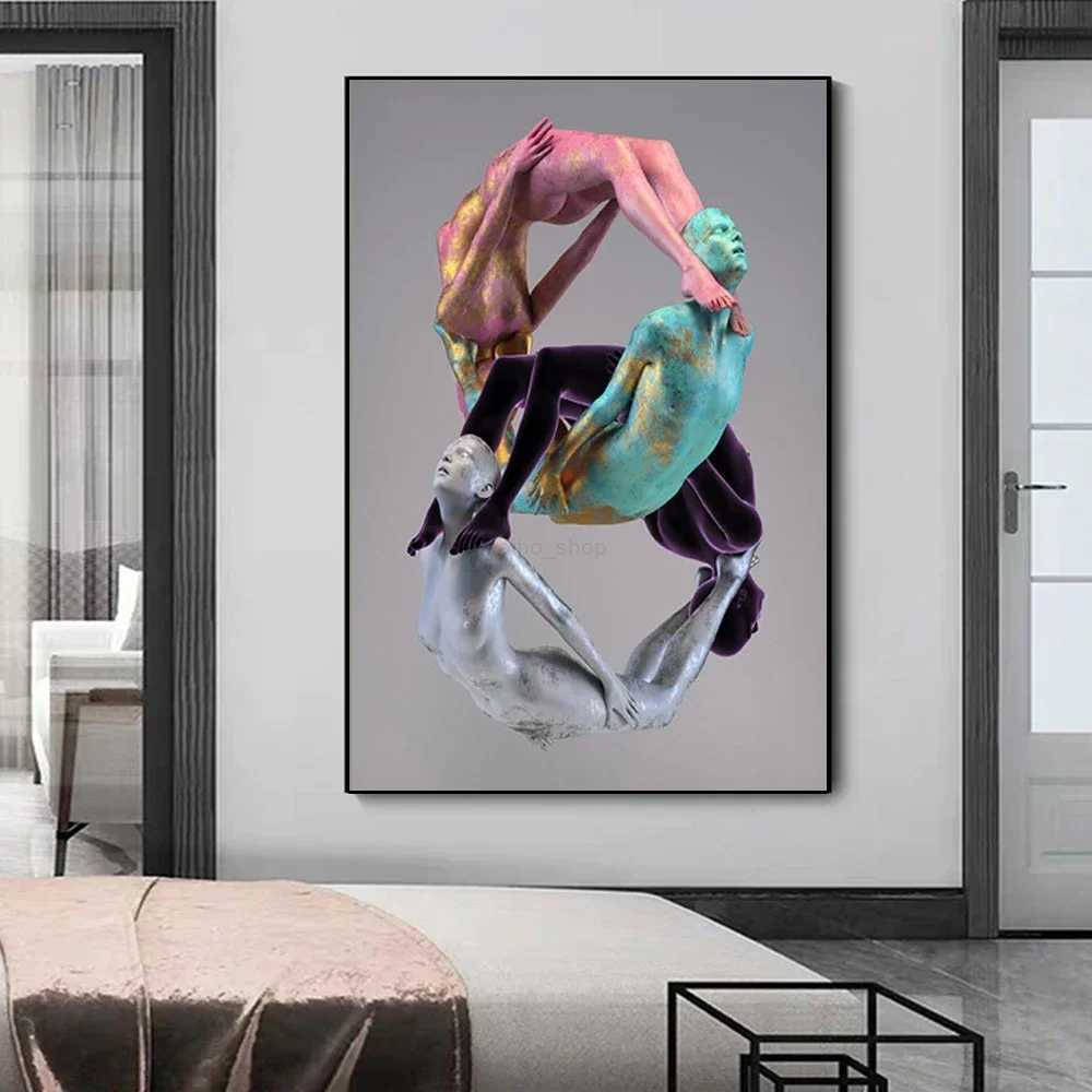 Metal Figure Statue Art Canvas Painting Abstract Couple Sculpture Posters and Print Wall Picture for Living Room Home DecorationB240713