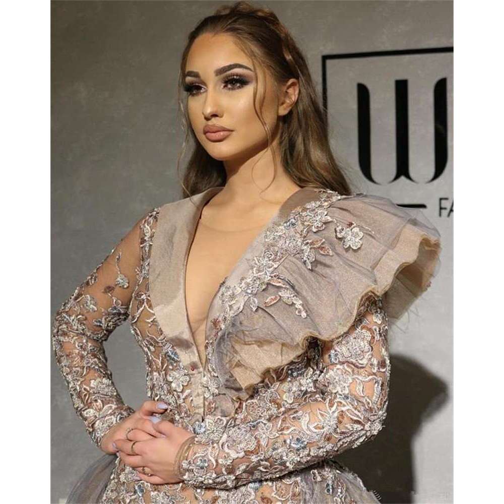 Dubai Urious Lace Evening Dresses Deep V Neck Mermaid Beaded Long Sleeves Prom Dress Sexy Formal Party Pageant Gowns 0920