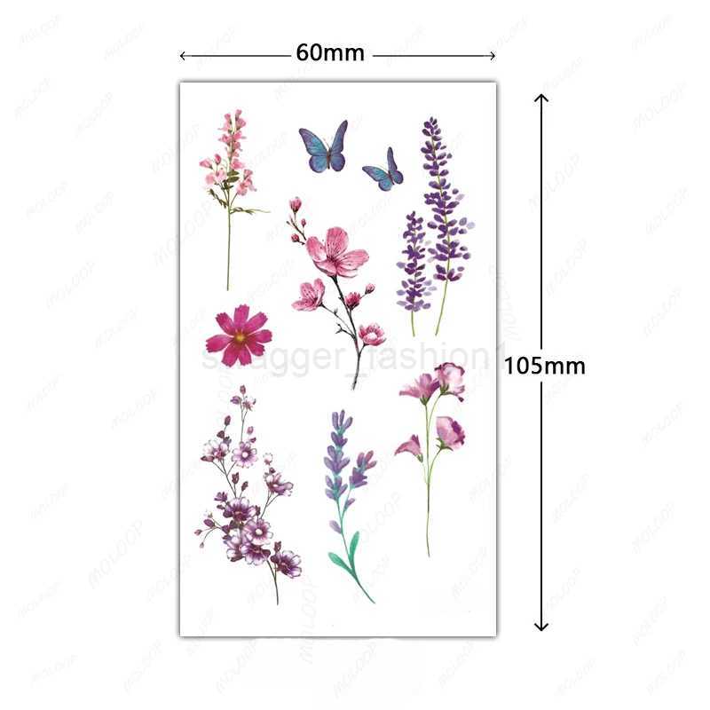 Colorful Flower Temporary Tattoo Stickers Rose Lavender Butterfly Fake Tatto Waterproof Tatoo Chest Hand Small Size for WomenB240713
