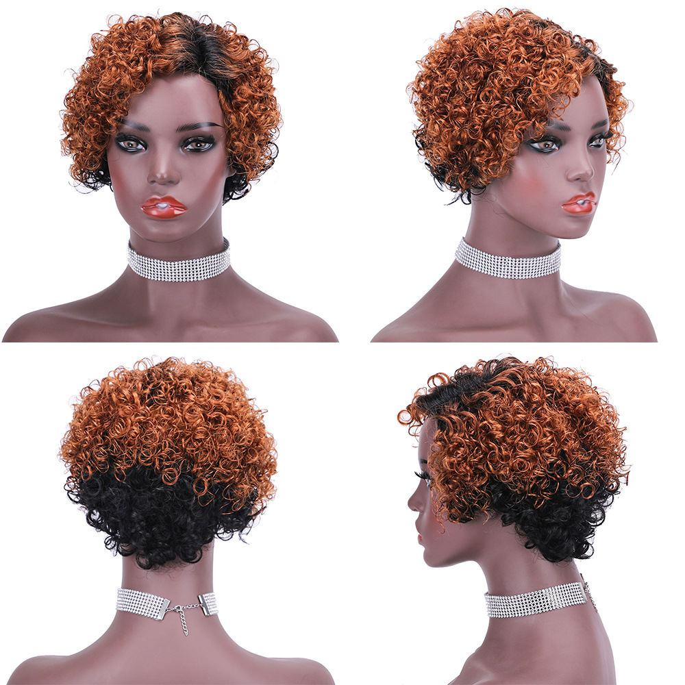 Brazilian Elf Wig 1X4 Front Lace Real Hair Full Head Cover Gradually Changing Color Human Hair Wigs Short Hair and Curly Hair are Suitable for Women